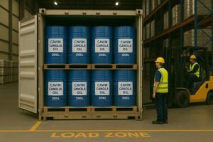 250L Cavin Resource Canola Oil drums stacked in a 40ft HQ shipping container during warehouse export loading