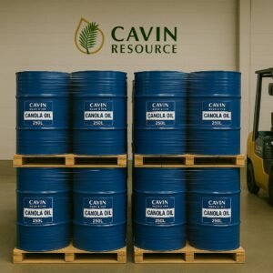Eight 250L Cavin Resource Canola Oil drums stacked on wooden pallets in a food-grade warehouse