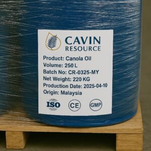 Close-up of Cavin Resource Canola Oil drum label showing 250L volume, batch number, and certifications for export