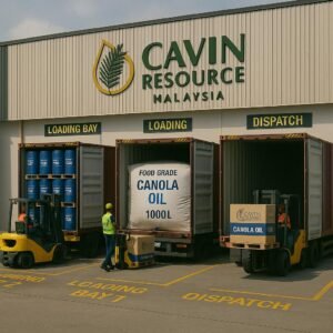 Three shipping containers being loaded with Cavin Resource Canola Oil in drums, flexitanks, and cartons at Cavin Malaysia's loading dock