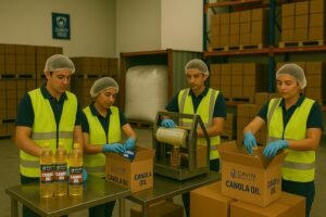 Cavin Resource staff packing and labeling canola oil bottles in cartons for bulk export at a food-grade warehouse