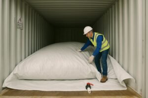 Cavin Resource staff member installing a 1000L flexitank inside a 40ft container for bulk canola oil export