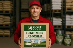 Lab technician checking goat milk powder quality for Cavin Resource