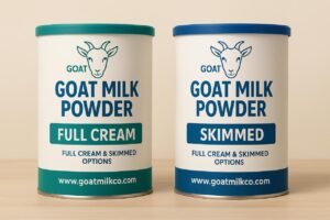 Worker sealing goat milk powder bag with label and batch code.