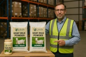 Palletized 25 kg bags of Cavin goat milk powder in warehouse