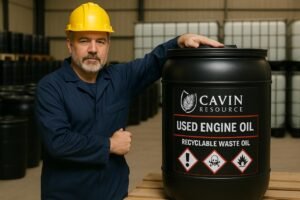 Forklift loading drums and IBC tanks of used engine oil