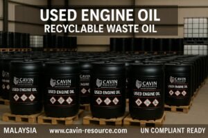 Black drums of used engine oil stored for export