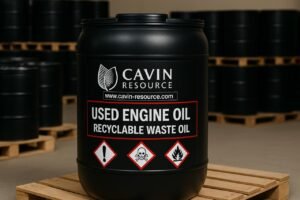 Worker inspecting hazard label on used engine oil drum
